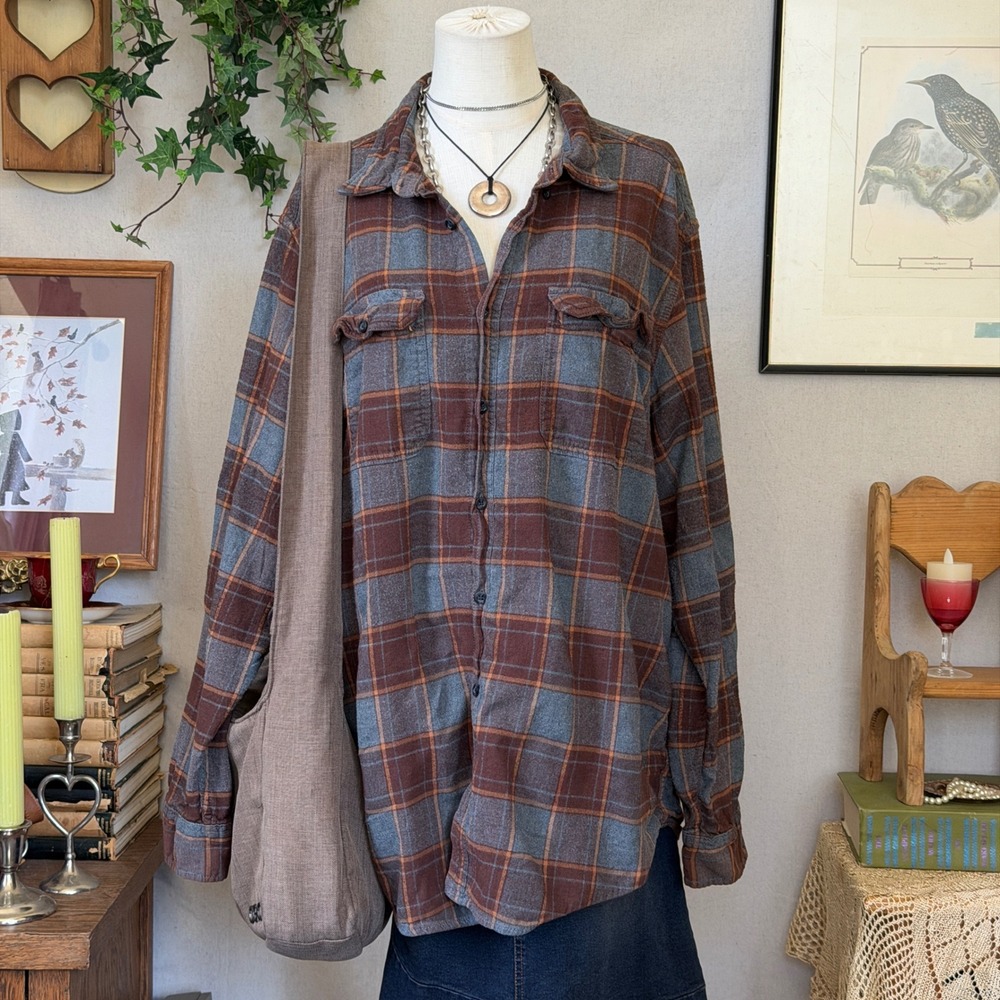 Brown Plaid Cotton Blend Shirt Oversized Indie Grunge Granola 3XL Baggy